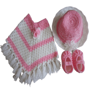 Adorable handmade V-neck shaped poncho for baby girl with a matching  hat and booties, crochet poncho set