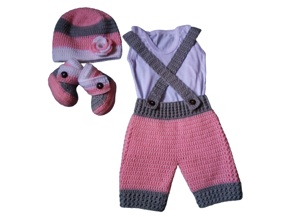 Vishakid | Babygirl crochet set/suspender shorts, booties and beanie hat.